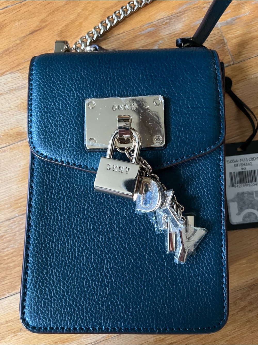 DKNY Teal Leather Elissa Crossbody with Gold-Tone Padlock Charm